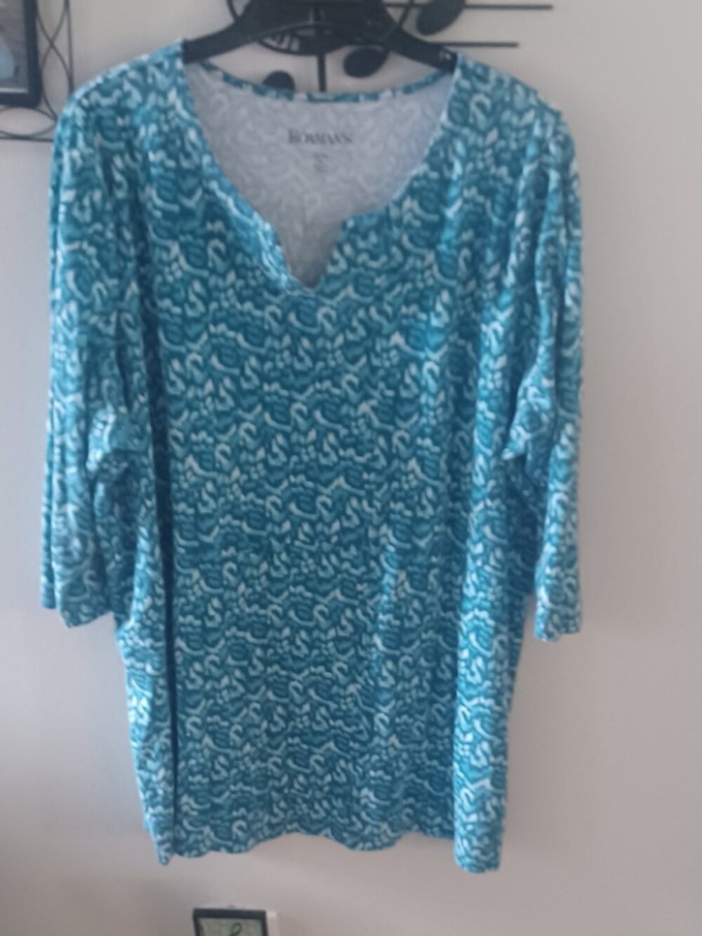 PLUS Roamans 3/4 Sleeve V Neck Turq/Blues Wavy Pattern Tunic Stretchy 1X